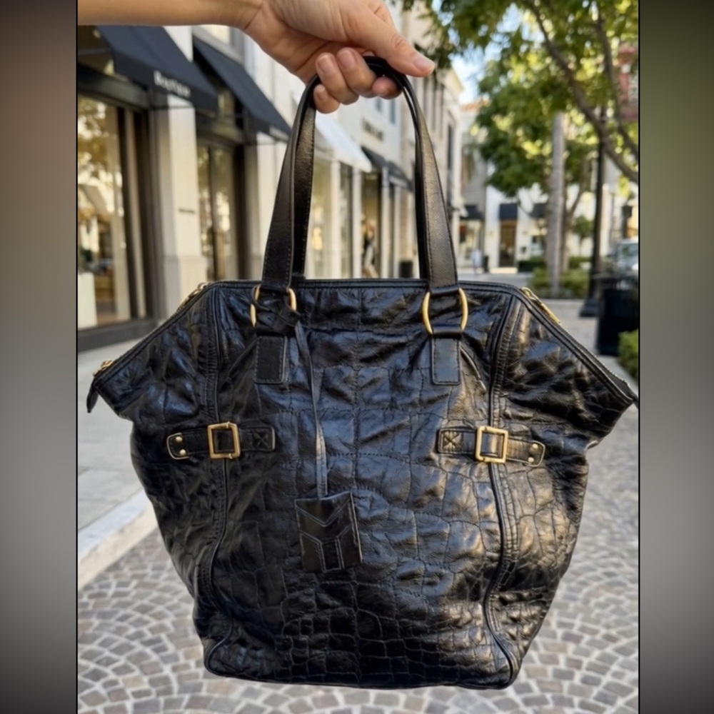 YSL Yves Saint Laurent downtown quilted croc  embossed patent leather tote